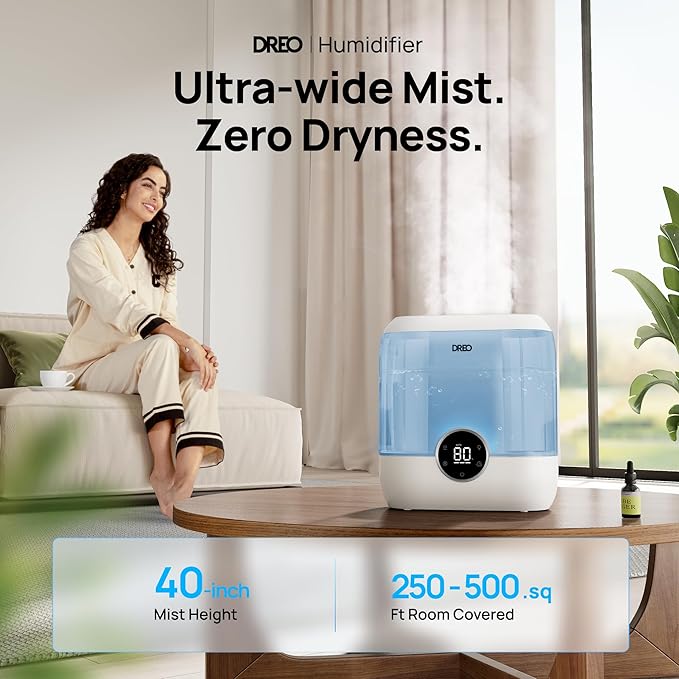 Dreo Smart Humidifiers for Bedroom, 6L Top Fill Supersized Cool Mist Humidifier for Large Room, 60 Hour Runtime, Quiet Ultrasonic Humidifiers for Plants, Baby, Indoor, Home, Night Light, Blue