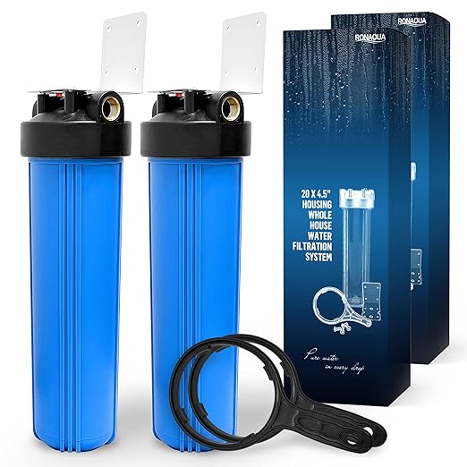 High Capacity 20 x 4.5” Whole House Filter Purifier System for Well or City Water, Presser Relief Button, 1” NPT Brass Port, Double O-Ring, Meets NSF Standards & Regulations (Blue, 2 Sets)