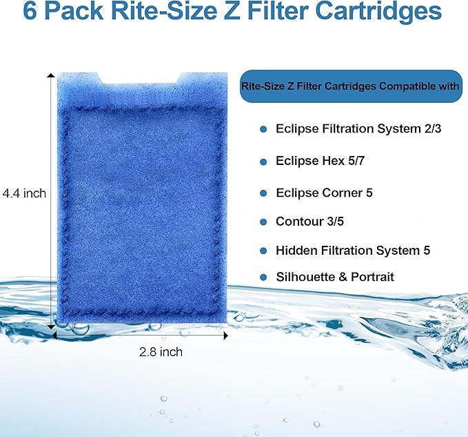 Nebulist 6 Pack Fish Tank Filter Cartridge, Rite-Size Z Filter Cartridges Compatible with MarineLand Eclipse Filtration Systems & Marineland Hidden Filtration System