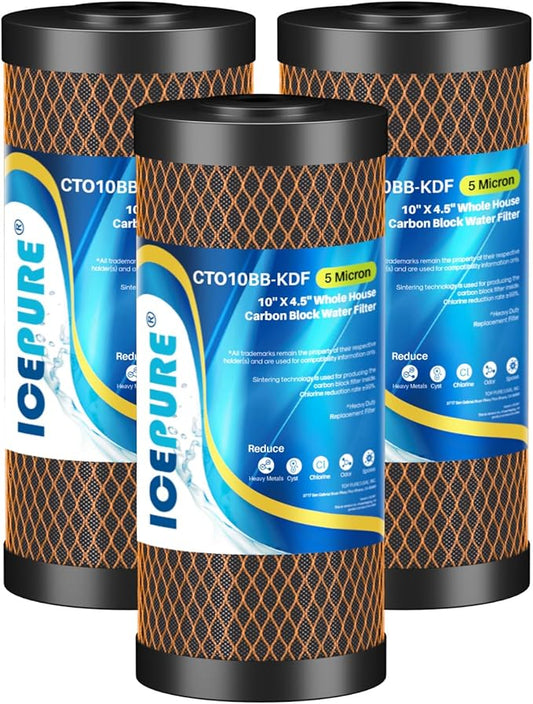 ICEPURE 5 Micron 4.5" x 10" CTO10BB-KDF Whole House Water Filter Coconut Shell Activated Carbon and KDF Heavy Metal Removal Water Filter Replacement for Home, 3PACK