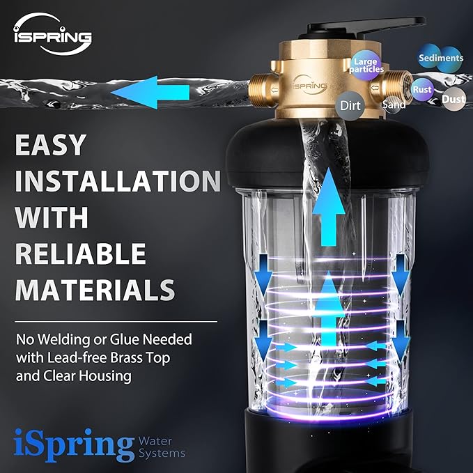iSpring WSP200ARJ-BP, NSF Certified, Whole House Spin-Down Sediment Water Filter with Bypass, Clear Housing, Jumbo Size, Flushable and Reusable, Touch-Screen Auto Flushing, 4 Modes, 200 Microns