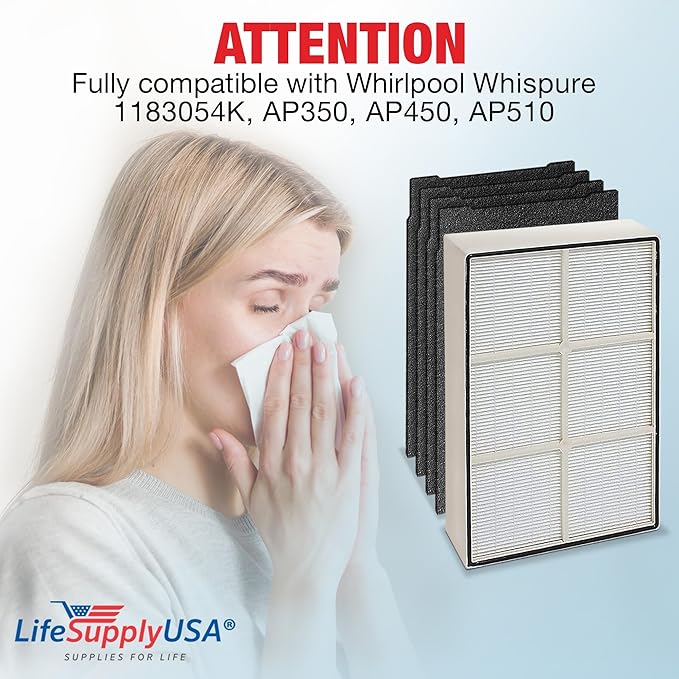 1183054K + 8171434K 1 HEPA and 4 Carbon Filter Set Compatible with Whirlpool Whispure AP450, AP510, WP500 & Kenmore 83200, 83375, 83230 Air Purifiers by LifeSupplyUSA