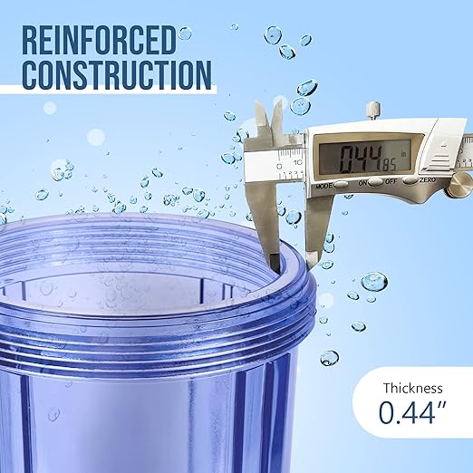 High Capacity 10 x 4.5-Inches Transparent Whole House Water Filter Purifier System with Presser Relief Button, 1” Inlet/Outlet Brass Port & Yearly Supply (4) Pleated Washable Sediment Cartridges 5 Mic