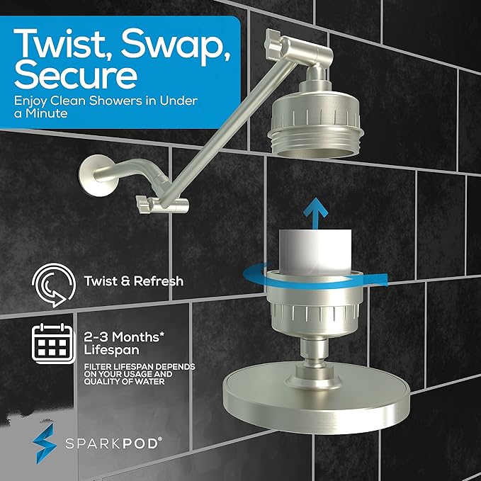 SparkPod 6" High Pressure Rain Shower Head with 23 Stage Filter Capsule & 11 Inch Adjustable Shower Arm Extension - Shower Filter Reduces Chlorine for Smoother Hair & Skin (Round, Brushed Nickel)