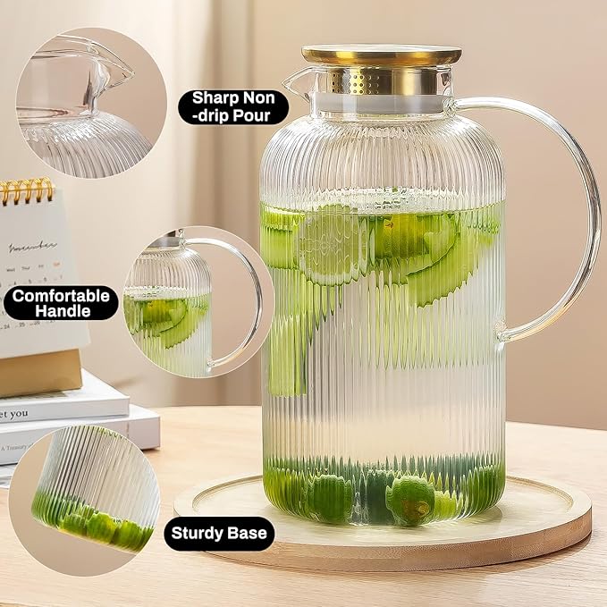 Glass Pitcher with Lid, 100 oz/ 3 Liter Classic Vertical Stripes Water Pitcher,Glass Water Carafe for Cold Brew, Coffee, Lemonade, Iced Sun Tea,Beverage, Milk, Heat Resistant