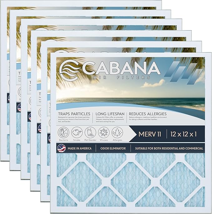 Cabana Filters 12x12x1 AC Furnace Air Filter, Merv 11 Capture Unwanted Particles, Pleated Furnace Filter HVAC AC Filters - Made in the USA - 6 Pack