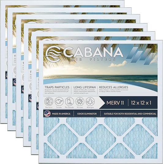Cabana Filters 12x12x1 AC Furnace Air Filter, Merv 11 Capture Unwanted Particles, Pleated Furnace Filter HVAC AC Filters - Made in the USA - 6 Pack