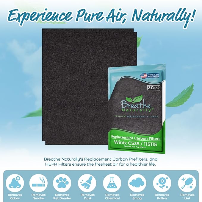 Breathe Naturally Replacement Filters Compatible with Winix C535, Plasmawave 5300, 6300 & Aeramax 300/290 Air Purifiers - Carbon Activated Filter - 12.5” x 16.25” x 0.2” (Pack of 2 Carbon Prefilters)