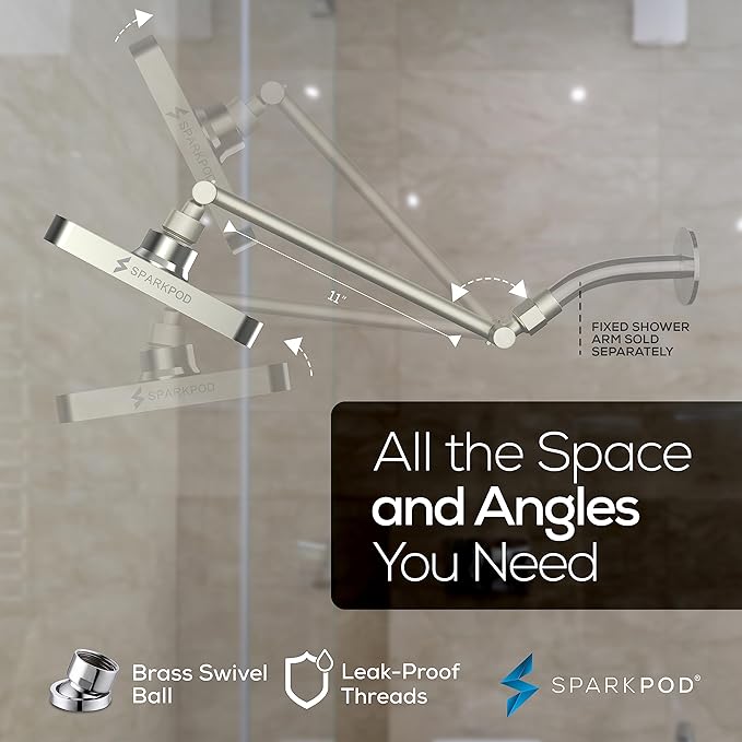 SparkPod Square Rain Shower Head with Extension Arm - Height Adjustable Shower Head with High Pressure Performance - Easy 1-Minute Installation (11" Arm Extension, Elegant Brushed Nickel)