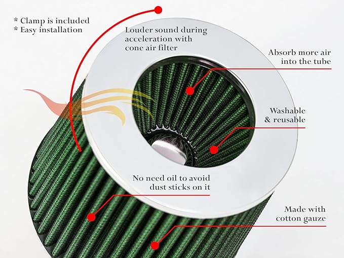 GREEN 3.5" 89 mm Inlet Narrow Cold Air Cone Replacement Performance Washable Clamp-On Dry Air Filter