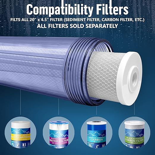 High Capacity 20 x 4.5” Whole House Filter Purifier System for Well or City Water, Presser Relief Button, 1” NPT Brass Port, Double O-Ring, Meets NSF Standards & Regulations (Transparent, 2 Sets)