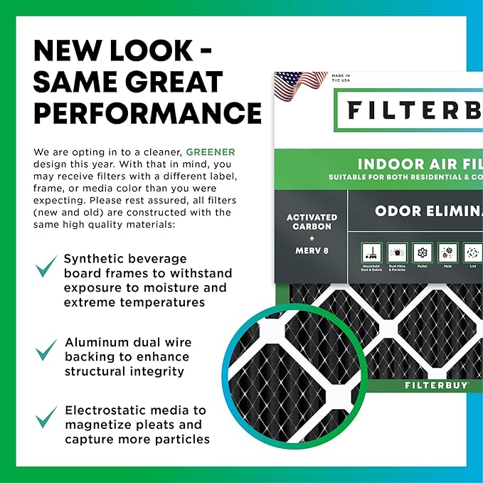 Filterbuy 18x24x1 Air Filter MERV 8 (MPR 700) Odor Eliminator Replacement (4-Pack), Electrostatic Pleated HVAC AC Furnace Filters w/Activated Carbon, Made in USA (Actual Size: 17.38 x 23.38 x 0.75)