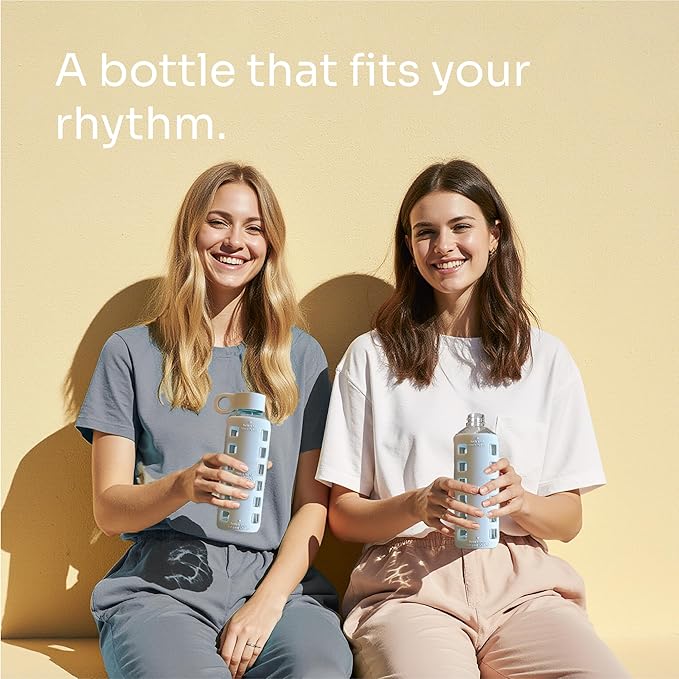 purifyou 40oz / 32oz / 22oz / 12oz Borosilicate Glass Water Bottle with Time & Volume Markers, Silicone Sleeve, Stainless Steel Lid | Reusable Glass Bottle for Water & Juice (12oz Ice Blue)