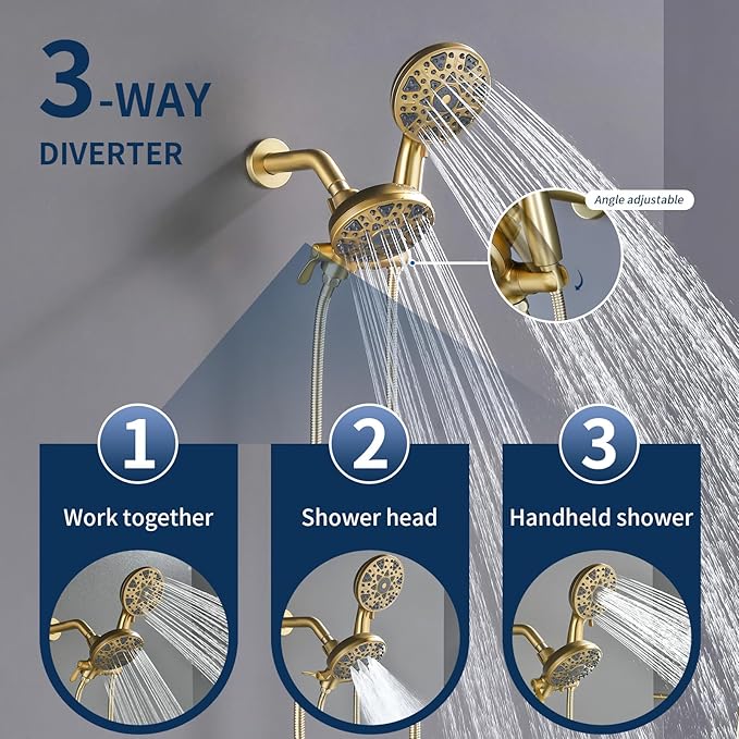 Tub and Shower Faucet Set Complete Dual Shower Head and Handheld 2 in 1 Combo Set Shower System with Tub Spout Tub and Shower Trim Kit Brushed Gold