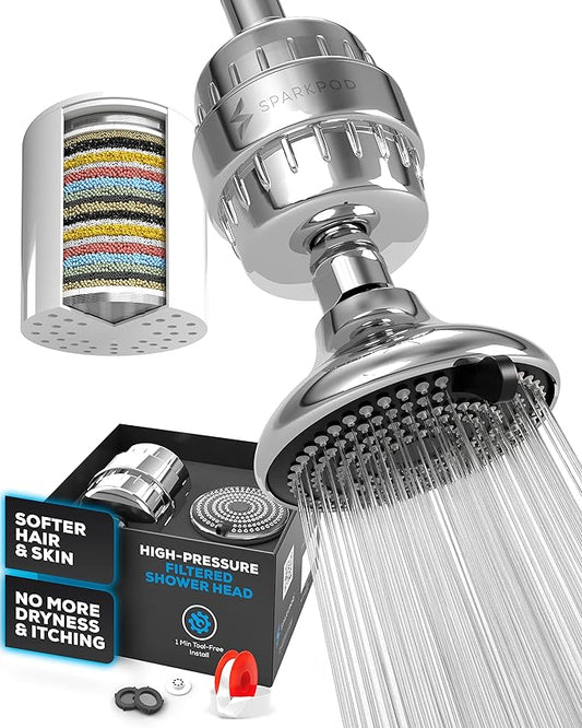 SparkPod 23-Stage Filtered Shower Head with 3 Spray Settings - High Pressure Shower Head with Filters for Dry Hair and Skin - Showerhead with Filter Reduces Chlorine & Heavy Metals (Polished Chrome)