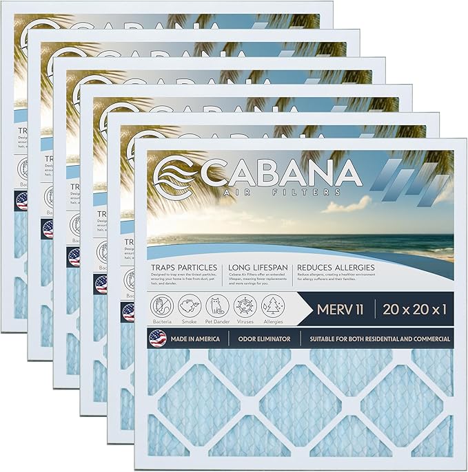 Cabana Filters 20x20x1 AC Furnace Air Filter, Merv 11 Capture Unwanted Particles, Pleated Furnace Filter HVAC AC Filters - Made in the USA - 6 Pack