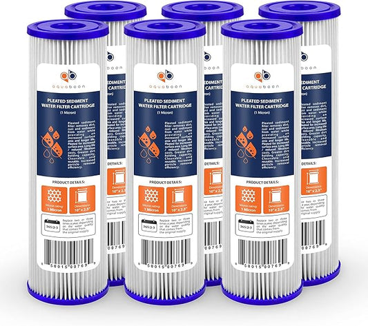Aquaboon 1 Micron Pleated Water Filter 10 x 2.5 - Whole House Sediment Filter Replacement Cartridge Compatible with WFPFC3002, WHKF-WHPL, 6-Pack