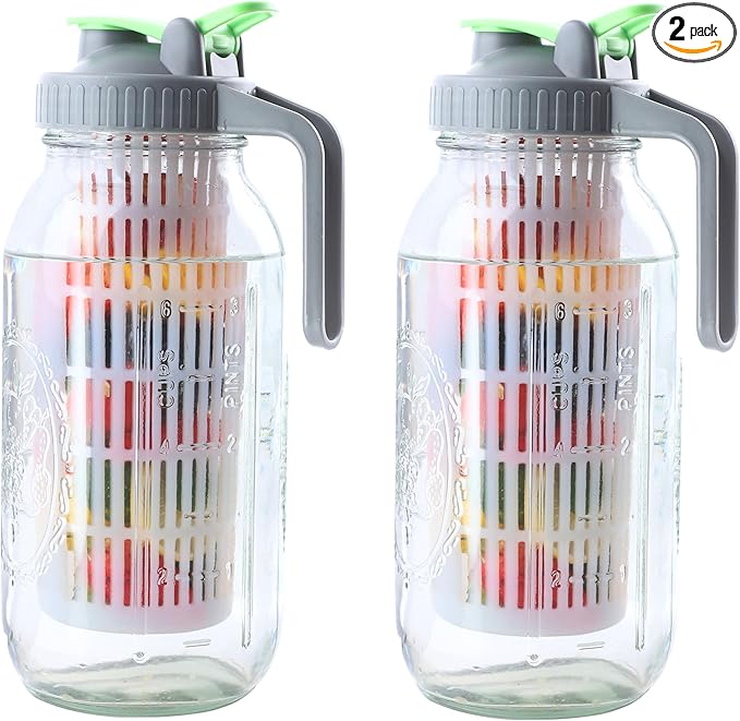 Glass Mason Jar Water Fruit Infuser Pitcher With Lid 64 Oz Wide Mouth Tea Infused Pitchers 2 Quart Sun Tea Jar For Outside Half Gallon Iced Coffee Tea Lemonade Juice Homemade Drinks Container- 2 Set