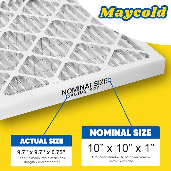 Maycold MERV 8 10x10x1 Furnace Air Filters (6-Pack), Pleated HVAC AC Filters – Actual Size 9.70” x 9.70” x 0.75”, For Residential or Office Use, Individually Wrapped in Plastic