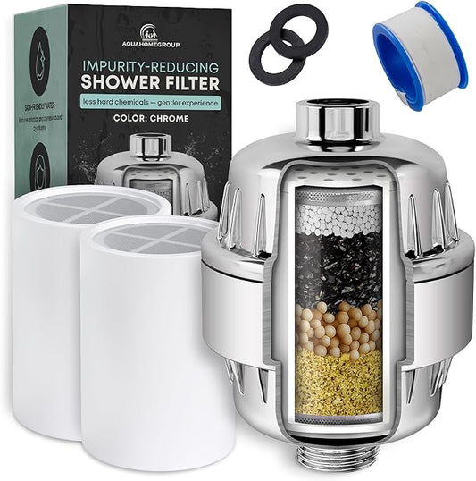 AquaHomeGroup Shower Filter for Chlorine-Free Water (2 Cartridges Included) – Removes Impurities & Odors for Cleaner, Fresher Water – High-Pressure Showerhead Filters with KDF, Carbon & Vitamin C
