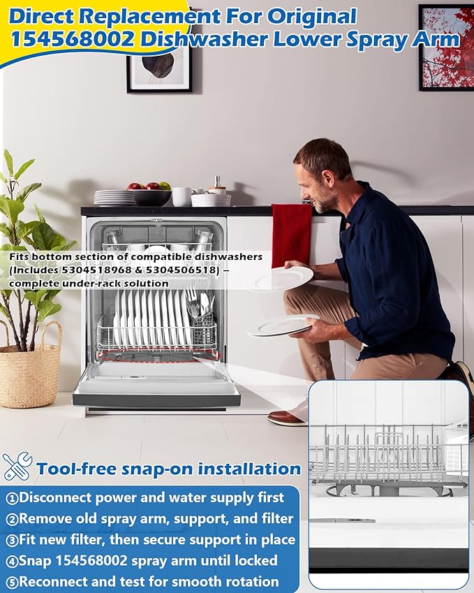 154568002 Dishwasher Lower Spray Arm -Complete with 5304518968 Support & 5304506518 Filter-Compatible with Frigidaire Electrolux Dishwasher Bottom Lower Spray Arm 154250901 154414101 5304517203