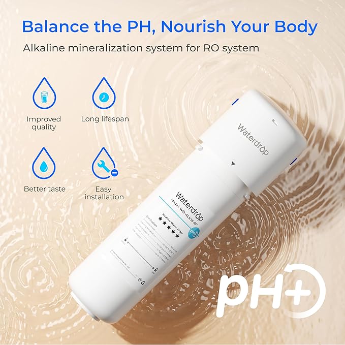 Waterdrop Alkaline Water Filter System for Sink WD-ALK16, Mineralizing Water to 9.5 pH, NSF/ANSI 372 Certified, Compatible with Reverse Osmosis Systems, Under Sink Installation