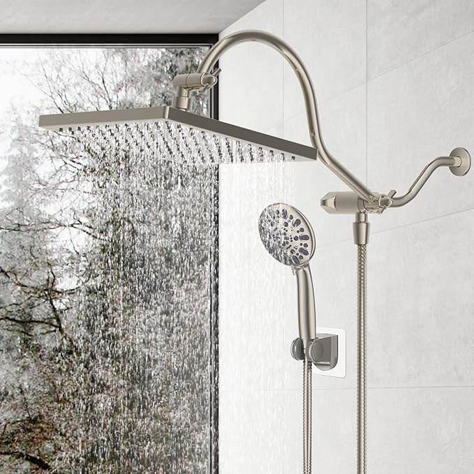 Hibbent 10" Thickness Metal Rainfall Shower Head/Handheld Showerhead Combo with 12'' Adjustable Curved Shower Extension Arm, 7-Spray, 71'' Hose, Adhesive Showerhead Holder, Brushed Nickel
