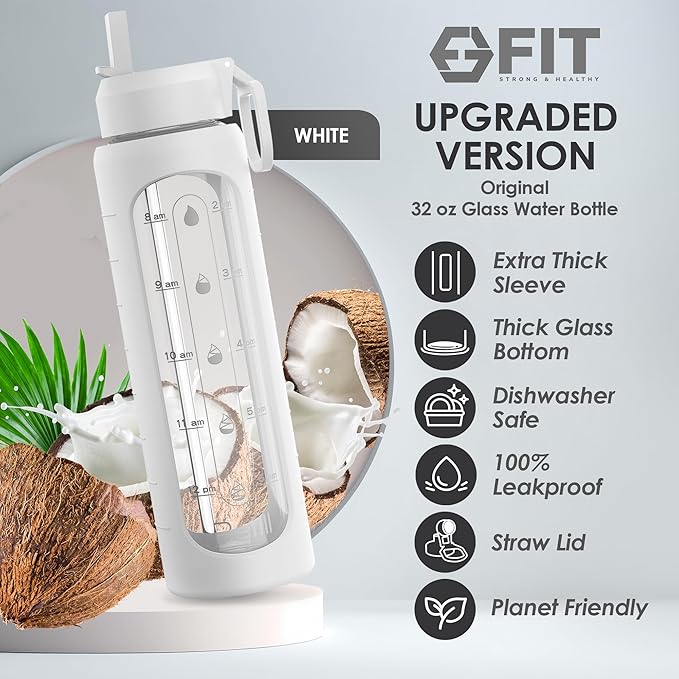 FIT Strong & Healthy 32 oz Glass Water Bottle with Straw Lid, Time Marker, Sleeve & Extra Lid - Motivational, Wide Mouth 1 Liter Glass Drinking Bottle