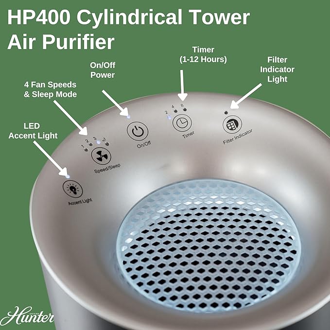 Hunter HP400 Round Air Purifiers for Home, True HEPA Air Purifier Tower for Pets, Odors, Allergens, Smoke, Dust, VOC's. HEPA Air Purifiers for Bedroom and Small Room, Denim & Silver