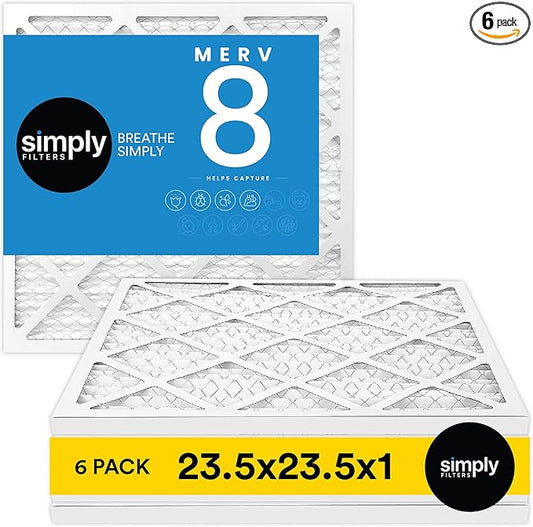 Simply 23.5x23.5x1 Air Filter, Merv 8, MPR 600, 6 Pack, For Home AC Furnace & HVAC (Actual Size: 23.5x23.5x"x0.75") DUST, Pet, & Allergy Control