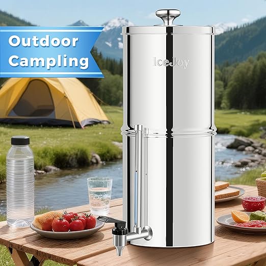 IceJoy Gravity Water Filtration System 2.25 Gallon - 304 Stainless Steel Countertop System with 2 Filters, Chlorine Reduction, NSF/ANSI 42 Certification