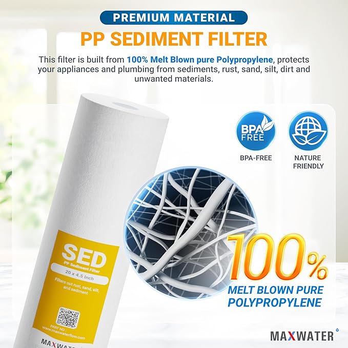 Max Water 5 Micron 20 x 4.5 Whole House Sediment Filter 20 inch Well Water Filter Replacement Cartridge Compatible DGD-5005-20, FP25B, AP810-6, FPMB5-20, 155358-43, 2 Pack