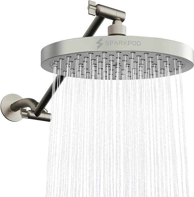 SparkPod Round Rain Shower Head with Shower Head Extension Arm - High Pressure Rain - Luxury Modern Look - No Hassle Tool-less 1-Min Installation (11" Shower Arm Extension, Elegant Brushed Nickel)