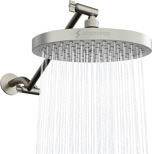 SparkPod Round Rain Shower Head with Shower Head Extension Arm - High Pressure Rain - Luxury Modern Look - No Hassle Tool-less 1-Min Installation (11" Shower Arm Extension, Elegant Brushed Nickel)