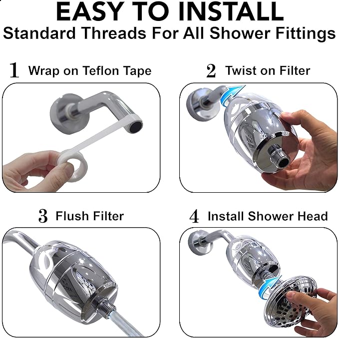 Aqua Elegante Shower Water Filter For Showerhead - Universal Shower Head Filters To Remove Chlorine & Hard Minerals - Bath Purifier And Filtered Softener System Best With Activated Charcoal - Chrome