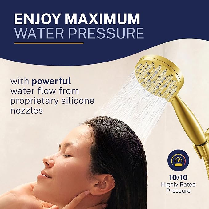 HammerHead Showers® Solid Metal 3-Spray Handheld Shower Head with Long Hose and Holder - BRUSHED GOLD - WIDE, MASSAGE, and MIST Sprays - 1.8 GPM Low Flow Handheld Showerhead - Water Saving Shower Head