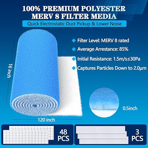 MERV 8 Air Vent Filters, 16" x 120"Cut to Fit Air Filter Material (80+ Filters),Electrostatic Triple Vent Filter for Floor, Ceiling, HVAC Furnace Vents, Includes 48 Adhesive Hook Tape