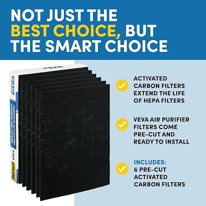 VEVA Air Purifier Filter Replacements - 6 Pack Precut & Compatible with Honey-well HPA200 Purifiers - Premium Activated Carbon Pre-Filters