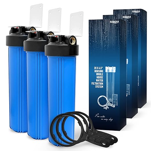 High Capacity 20 x 4.5” Whole House Filter Purifier System for Well or City Water, Presser Relief Button, 1” NPT Brass Port, Double O-Ring, Meets NSF Standards & Regulations (Blue, 3 Sets)