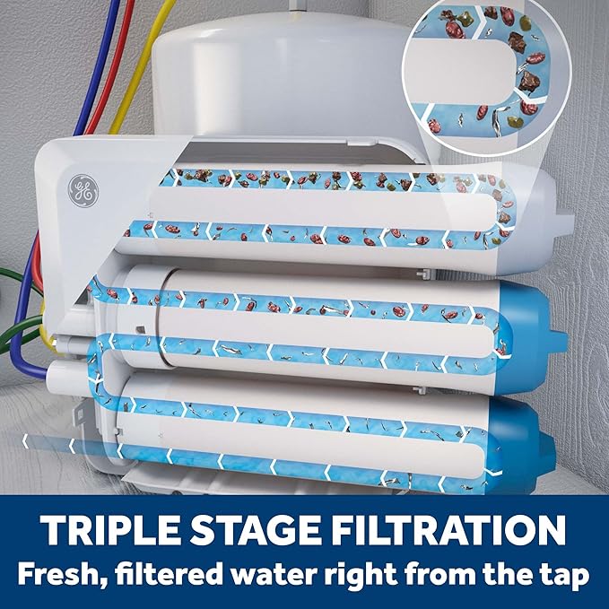 GE 3 Stage Reverse Osmosis Under Sink Water Filtration System with Faucet, Reduces Lead, Chlorine, Arsenic & More, Replace Filters (FQ18PN, FQ18MN, FQ18RT) Every 6/12 Months, GXRQ18NBN