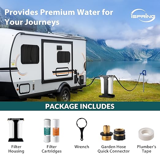 iSpring CW21-BV 2-Stage RV Water Filtration System for Campers, SGS-Tested Báctérïa and Viruses Removal, BPA-Free, High Capacity, 3/4'' Lead-Free Brass Hose Quick Connectors, Tankless