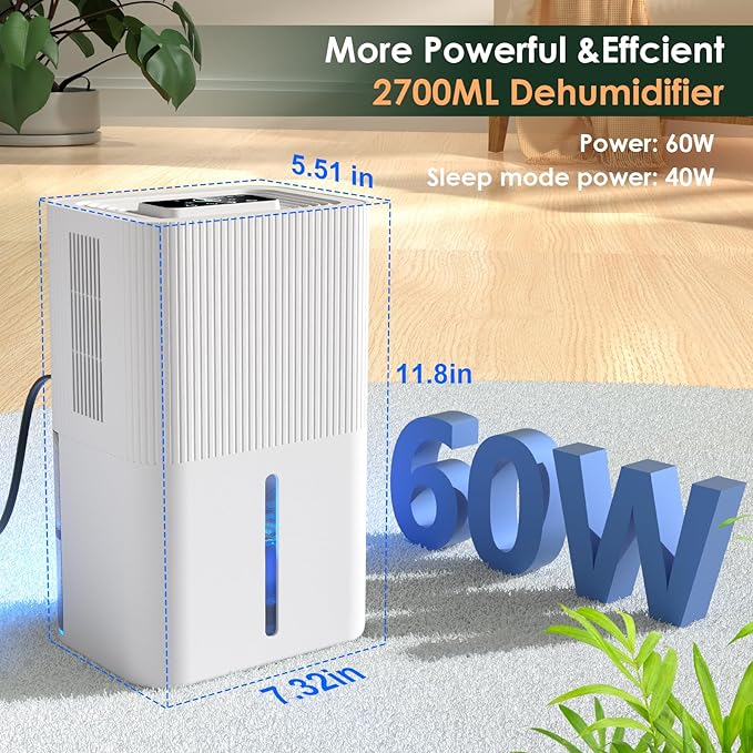 Portable Home Dehumidifier for Basements|91 OZ Tank|900 sq.ft Coverage|Quiet Smart Design with Auto Shut-Off White