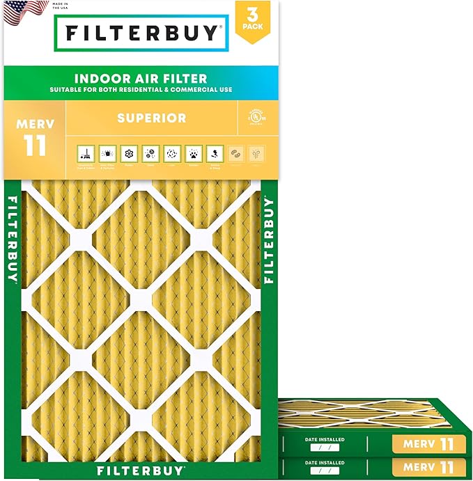 Filterbuy 16x25x1 Air Filter MERV 11 (MPR 1200) Allergen Defense Replacement (3-Pack), Electrostatic Pleated HVAC AC Furnace Filters, Made in USA (Actual Size: 15.50 x 24.50 x 0.75)