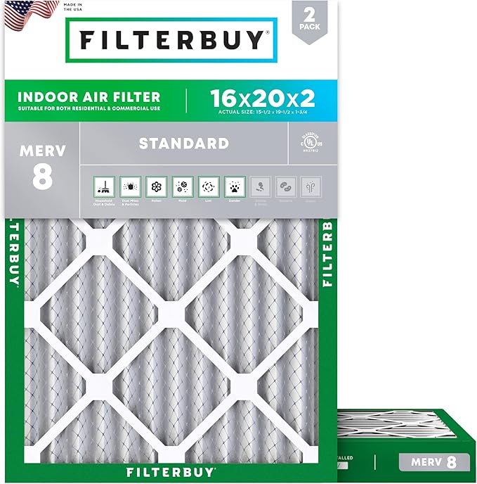 Filterbuy 16x20x2 Air Filter MERV 8 (MPR 700) Dust Defense Replacement (2-Pack), Electrostatic Pleated HVAC AC Furnace Filters, Made in USA (Actual Size: 15.50 x 19.50 x 1.75)