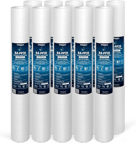 Ronaqua 10 Micron Standard 20" x 2.5" Sediment Water Filter Cartridge, NSF Certified, 4-Layer Filtration for 20” x 2.5” Whole House Systems, Compatible with FPMB5-20, SDC-25-2005/4, VX05-20, 10 Pack