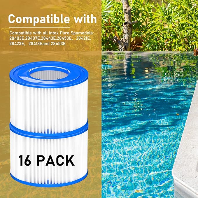 Type S1 Spa Filter 29011E for All Intex PureSpa 28429E, 28403E, 28407E, 28443E, 28453E, 28421E, 28423E, 28413E, and 28453E, 11692, SB-h10, JPC01 Easy Set Swimming Pool Pump, 16 Pack