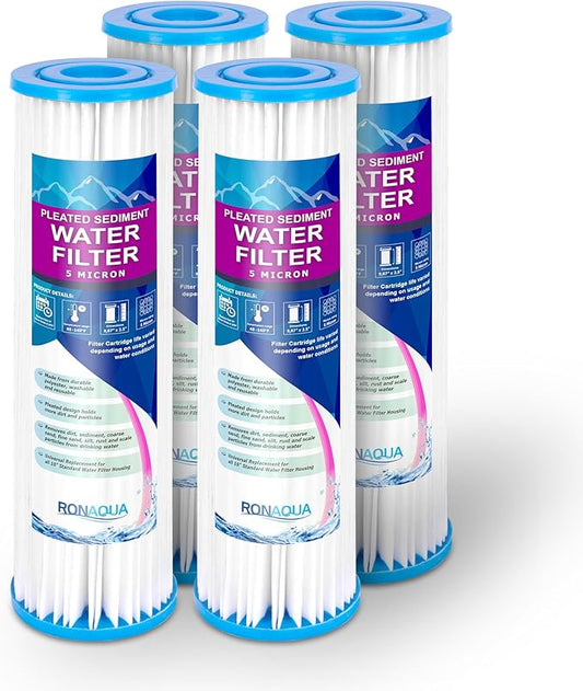 Pleated Sediment Water Filter Cartridge 9.87”x 2.5” Amplified Surface Area, Removes Sand, Dirt, Rust, Extended Filter Life WELL-MATCHED with WHKF-WHPL, 801-50, WB-50W, WFPFC3002, SPC-25-1050 (4 Pack)