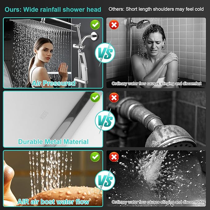 All Metal 12 Inch Rain Shower Head with Handheld Spray Combo, High Pressure Waterfall Rainfall Square Shower Heads with 16" Adjustable Extension Arm, Dual Showerhead with 3-Way Diverter, Chrome