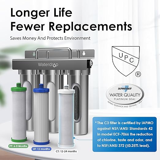 Waterdrop TST-UF 0.01μm Ultra-Filtration Under Sink Water Filter System, Stainless Steel Water Filter for Sink, 5X Service Life Under Sink Water Filtration System, Removes 99% of Contaminants
