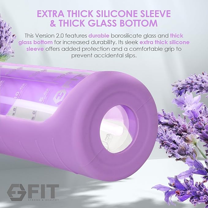 FIT Strong & Healthy 32 oz Glass Water Bottle with Straw Lid, Time Marker, Sleeve & Extra Lid - Motivational, Wide Mouth 1 Liter Glass Drinking Bottle